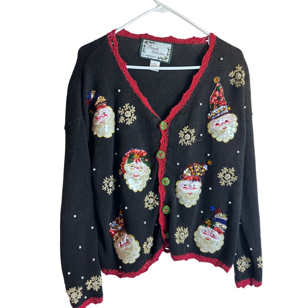 Private Collection Cardigan L Black Santa Sequin Beaded Christmas Sweater Womens